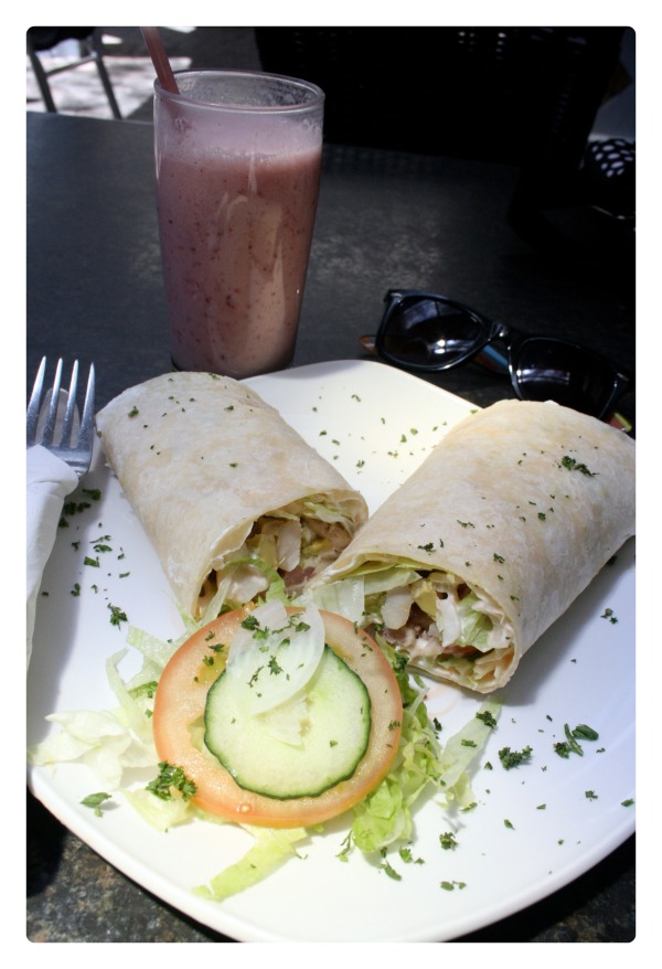 Chicken and bacon wrap with a berry smoothie, a wholesome healthy lunch (that is also delicious)